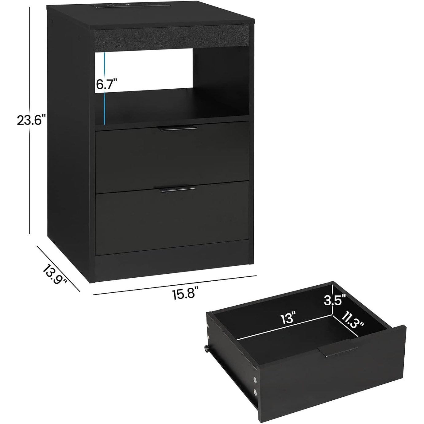 2 Drawers LED Nightstand Wireless Charging Station Pull-Out Shelf