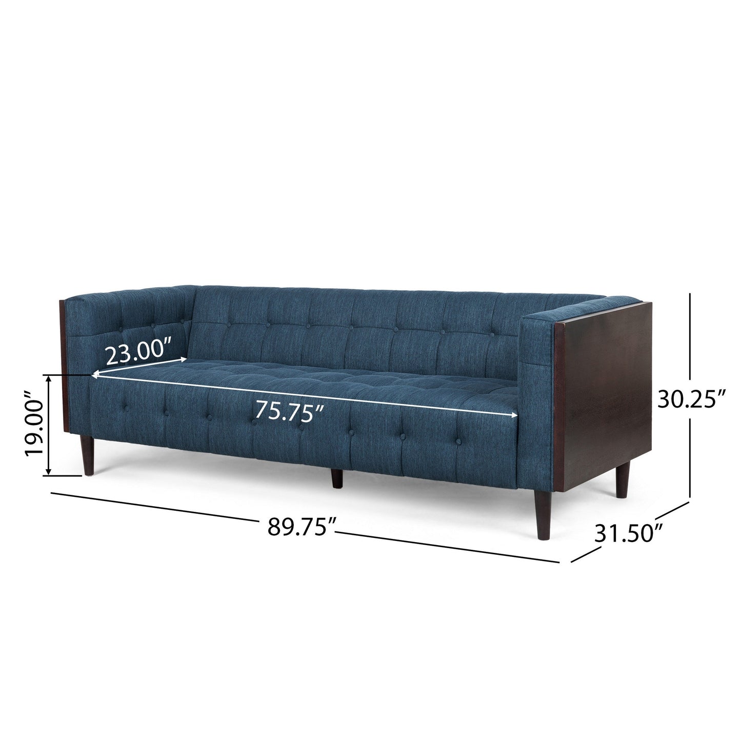 Canapé Yuro, 3 places, capitonné Chesterfield, 90 pouces, tissu bleu