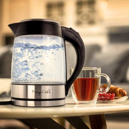 1.8L Rapid Boil Cordless Serving Electric Glass Tea Kettle in Silver