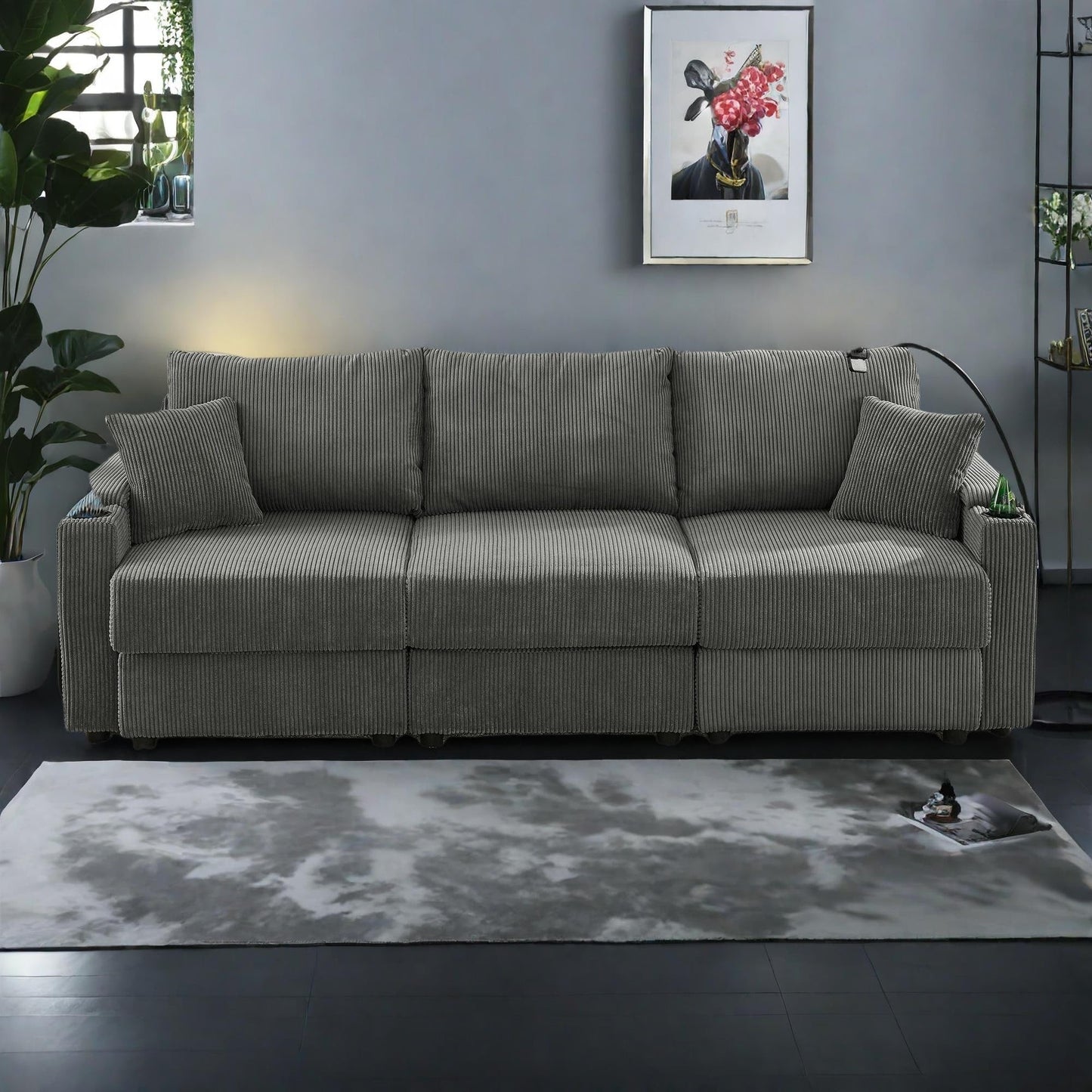 Canapé 3 places moderne en velours côtelé, assise profonde, avec porte-gobelets et support pour téléphone