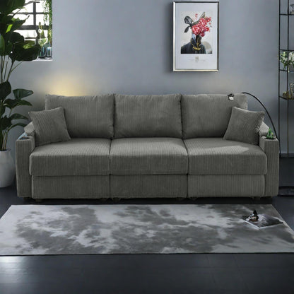 Canapé 3 places moderne en velours côtelé, assise profonde, avec porte-gobelets et support pour téléphone