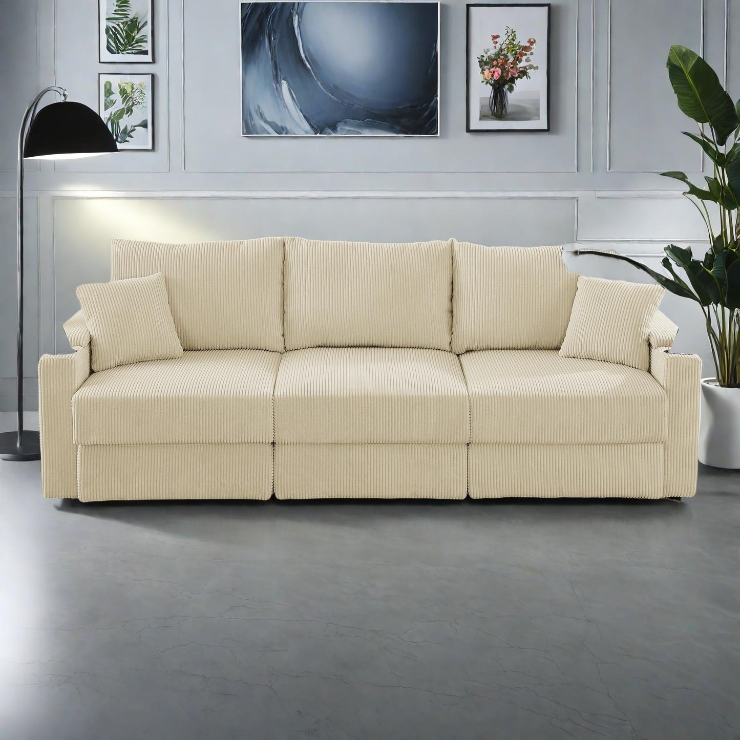 Canapé 3 places moderne en velours côtelé, assise profonde, avec porte-gobelets et support pour téléphone