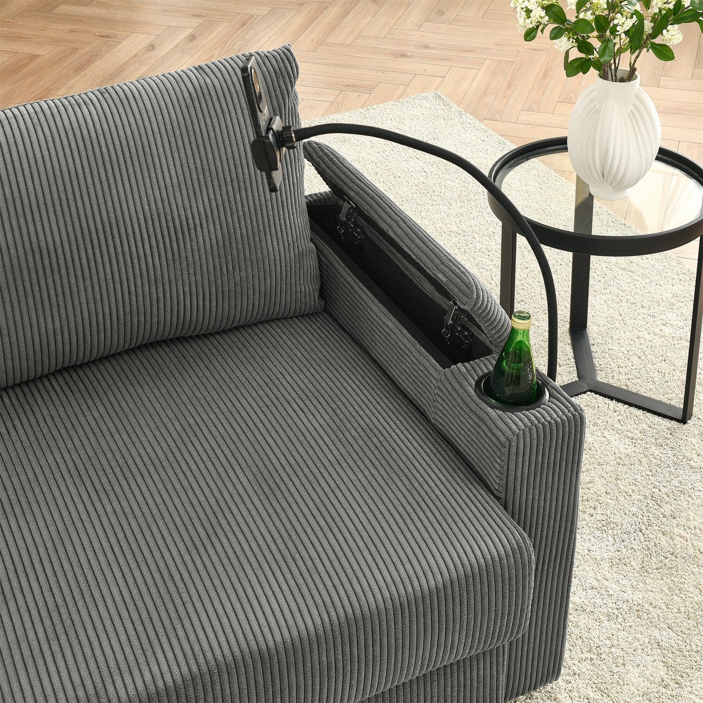 Canapé 3 places moderne en velours côtelé, assise profonde, avec porte-gobelets et support pour téléphone