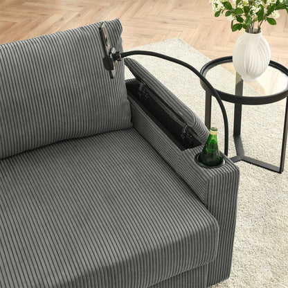 Canapé 3 places moderne en velours côtelé, assise profonde, avec porte-gobelets et support pour téléphone