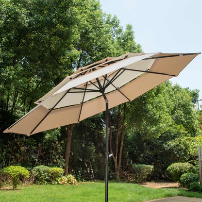 MAISON ARTS 10ft 3 Tier Auto-tilt Patio Umbrella Outdoor Double Vented Umbrella with LED Lights