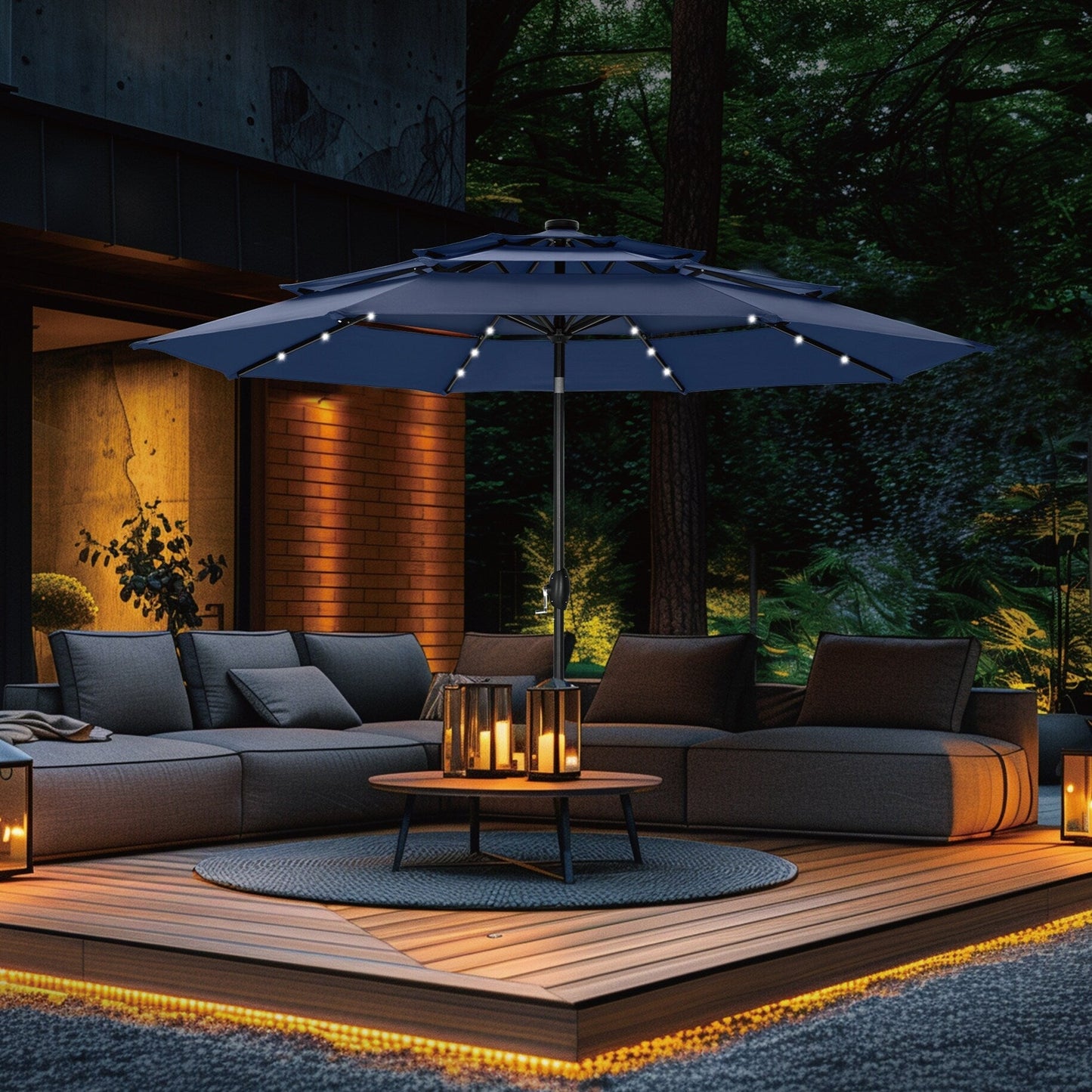 MAISON ARTS 10ft 3 Tier Auto-tilt Patio Umbrella Outdoor Double Vented Umbrella with LED Lights