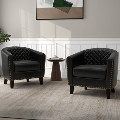 2 Set 29 W Vegan Leather Barrel Accent Chairs with Nailheads Trim