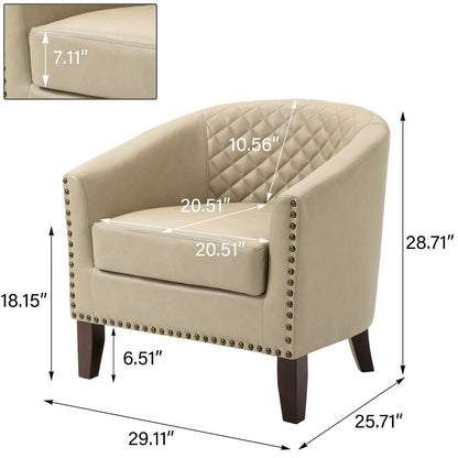 2 Set 29 W Vegan Leather Barrel Accent Chairs with Nailheads Trim