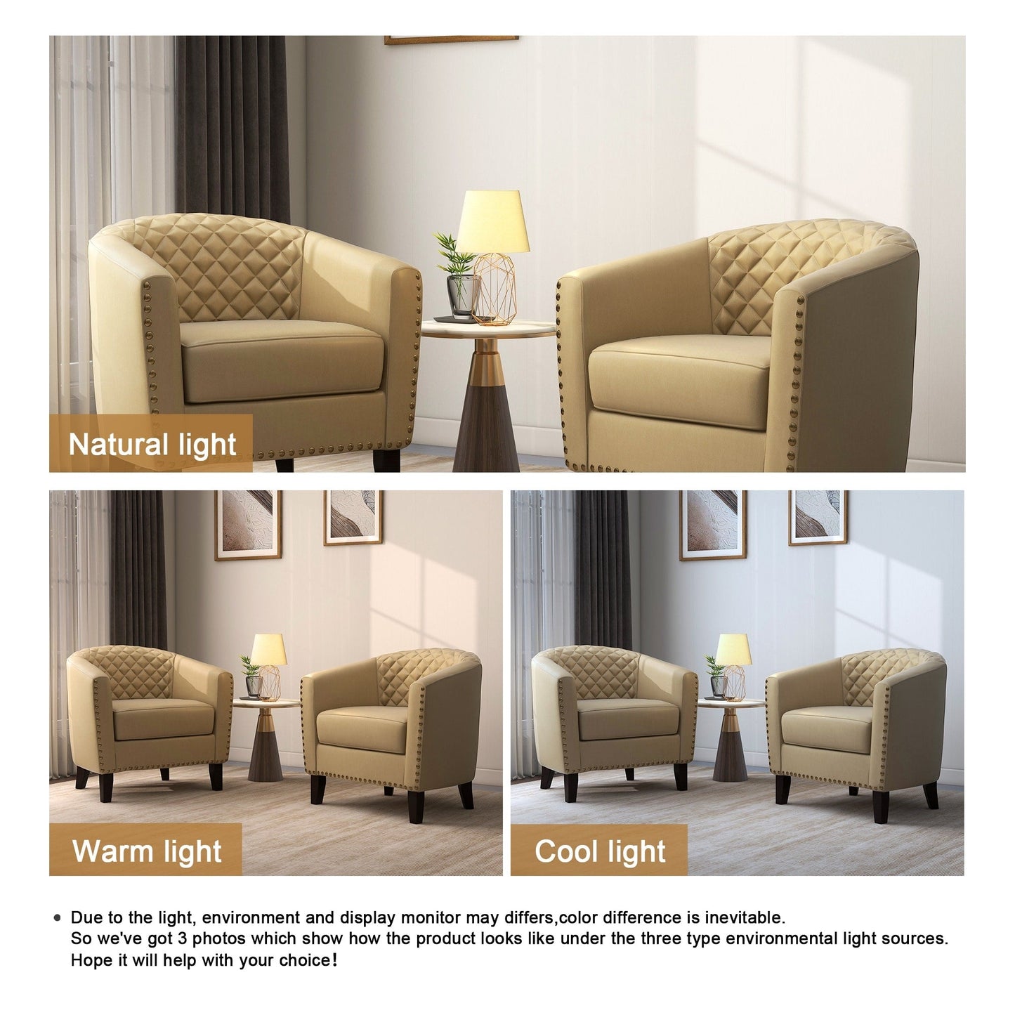2 Set 29 W Vegan Leather Barrel Accent Chairs with Nailheads Trim