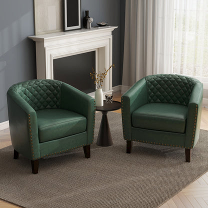 2 Set 29 W Vegan Leather Barrel Accent Chairs with Nailheads Trim