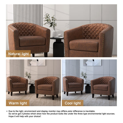 2 Set 29 W Vegan Leather Barrel Accent Chairs with Nailheads Trim