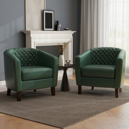 2 Set 29 W Vegan Leather Barrel Accent Chairs with Nailheads Trim