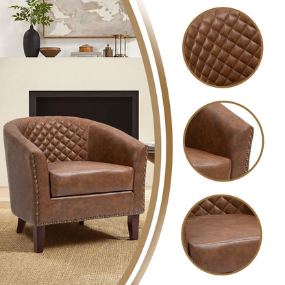 2 Set 29 W Vegan Leather Barrel Accent Chairs with Nailheads Trim