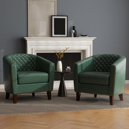 2 Set 29 W Vegan Leather Barrel Accent Chairs with Nailheads Trim