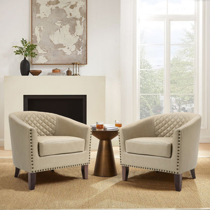 2 Set 29 W Vegan Leather Barrel Accent Chairs with Nailheads Trim