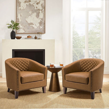 2 Set 29 W Vegan Leather Barrel Accent Chairs with Nailheads Trim