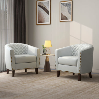2 Set 29 W Vegan Leather Barrel Accent Chairs with Nailheads Trim