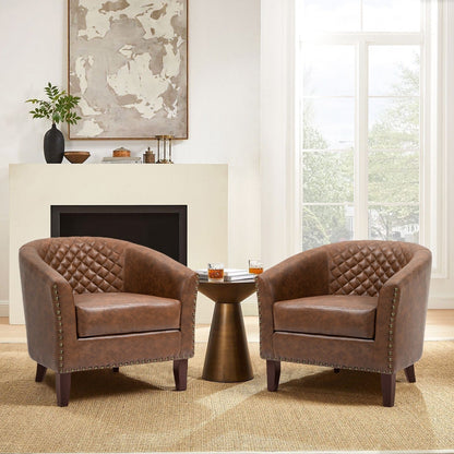 2 Set 29 W Vegan Leather Barrel Accent Chairs with Nailheads Trim