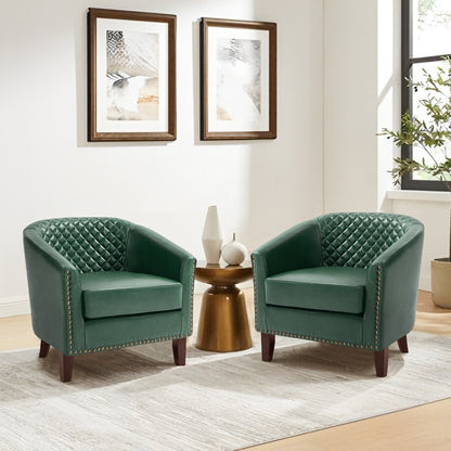 2 Set 29 W Vegan Leather Barrel Accent Chairs with Nailheads Trim