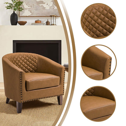 2 Set 29 W Vegan Leather Barrel Accent Chairs with Nailheads Trim