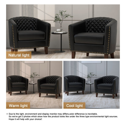 2 Set 29 W Vegan Leather Barrel Accent Chairs with Nailheads Trim