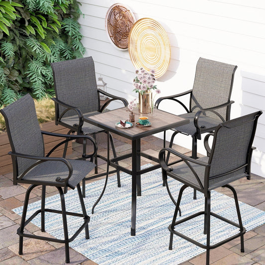 Ensemble de 3/5 tabourets de bar de patio avec table aspect bois et tabourets de bar pivotants en tissu textilène gris