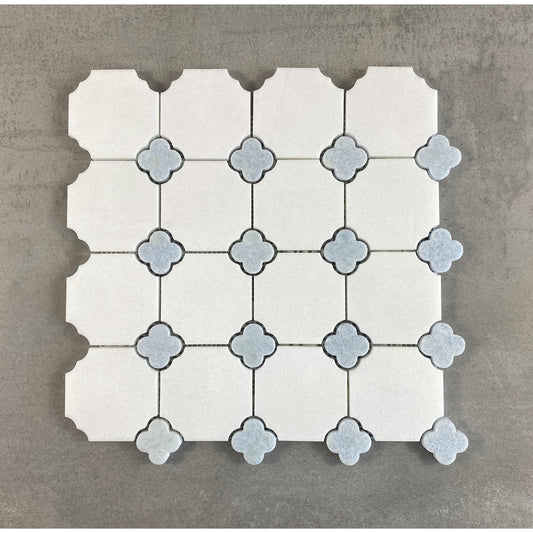 Thassos White with Blue Celeste Flower Pattern Marble Mosaic Tiles - Case (10 Sheets)