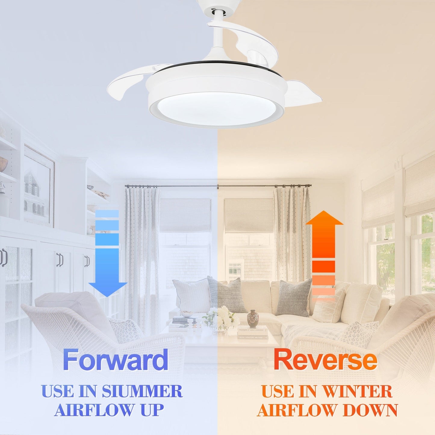 Bella Depot 36 Modern Retractable Ceiling Fan with Led Light, 6-Speed Reversible Blades with Remote