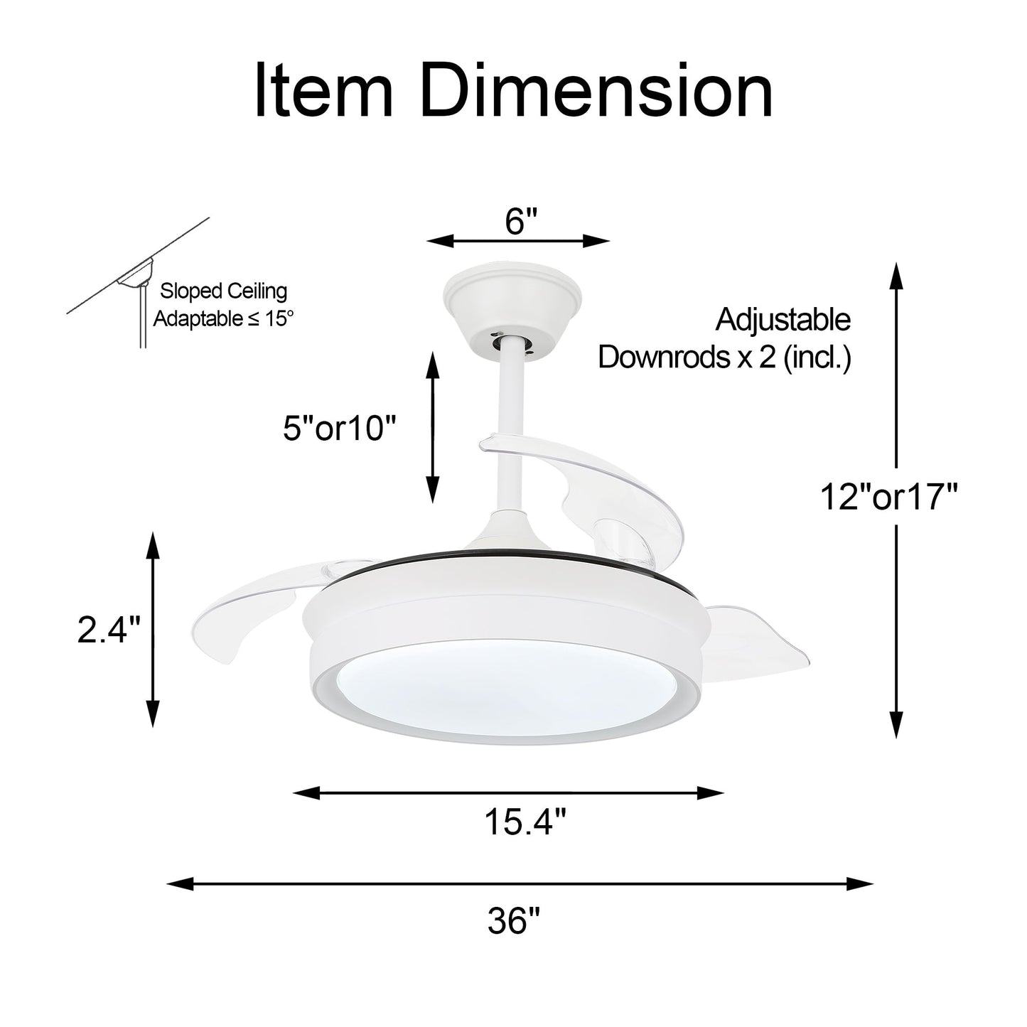 Bella Depot 36 Modern Retractable Ceiling Fan with Led Light, 6-Speed Reversible Blades with Remote