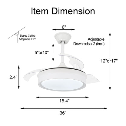 Bella Depot 36 Modern Retractable Ceiling Fan with Led Light, 6-Speed Reversible Blades with Remote