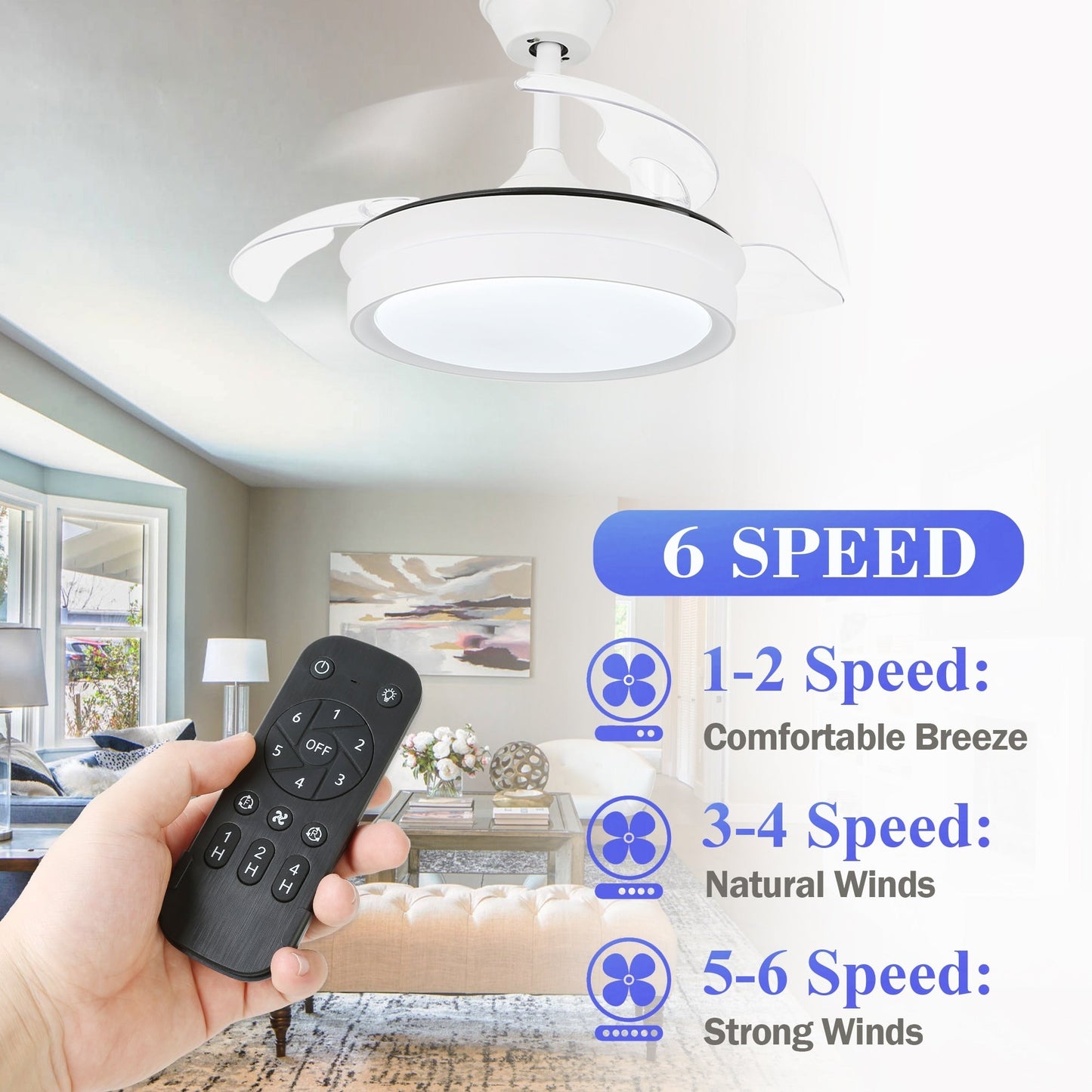 Bella Depot 36 Modern Retractable Ceiling Fan with Led Light, 6-Speed Reversible Blades with Remote