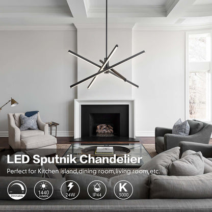 Black/ Gold Modern Aluminum LED Chandelier Linear Sputnik Ceiling Pendant Light for Living/ Dining Room/ Kitchen