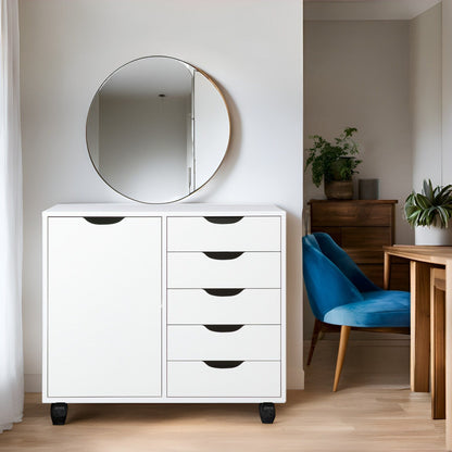 5-Drawer Wood Storage Dresser Cabinet with Wheels - Craft Organizer and Makeup Drawer Unit for Closet and Bedroom