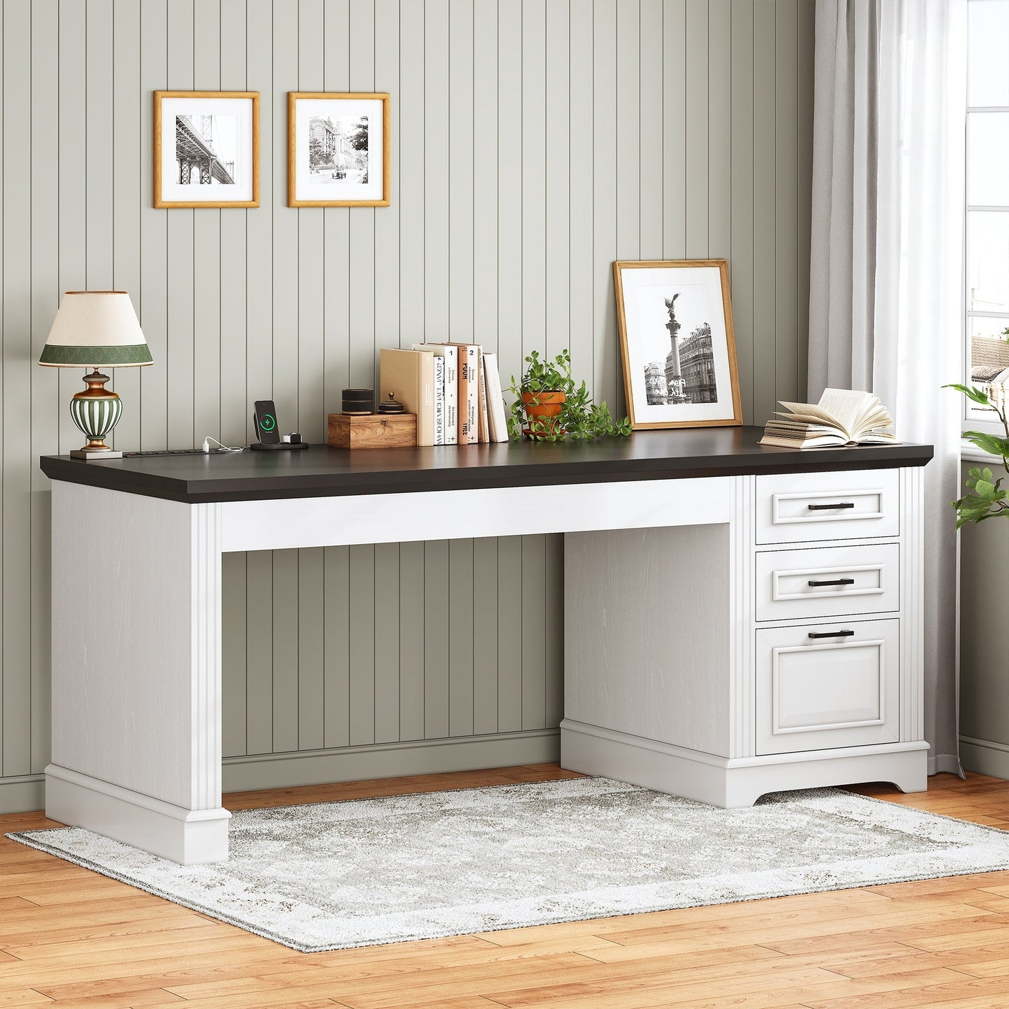 Farmhouse Executive Desk Home Office Desk File Drawer Monitor Stand Power Outlet