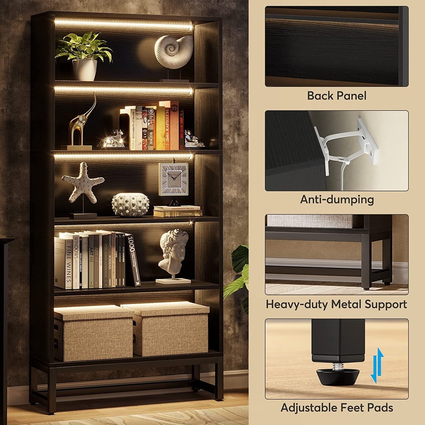 70.8 Inches Tall Bookcase and Bookshelf, 5-Tier Large Bookcases - 11.81D x 31.5W x 70.87H