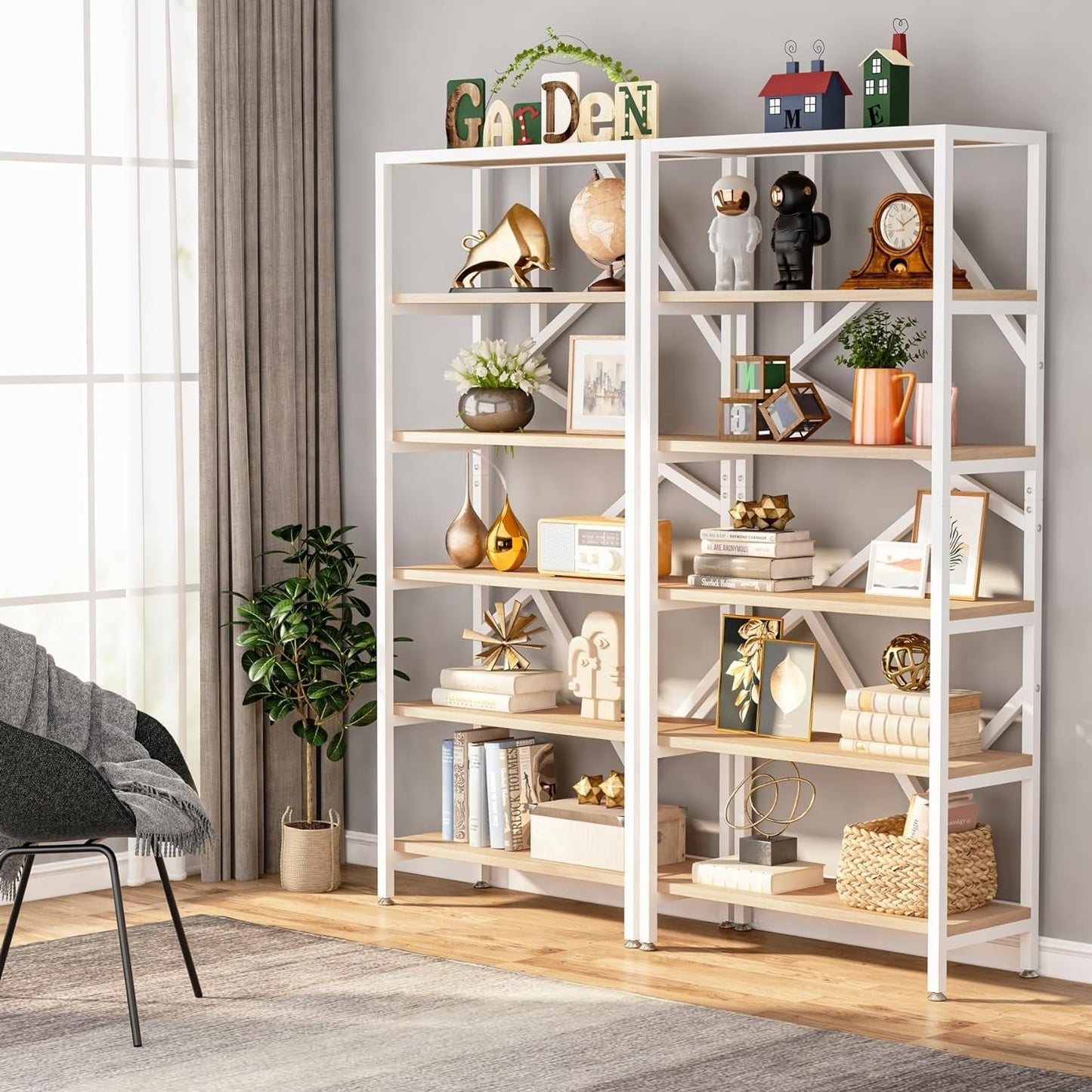 71 Industrial Bookshelf, 6 Tier Rustic Brown Wood Etagere Bookcase, Open Book Shelves