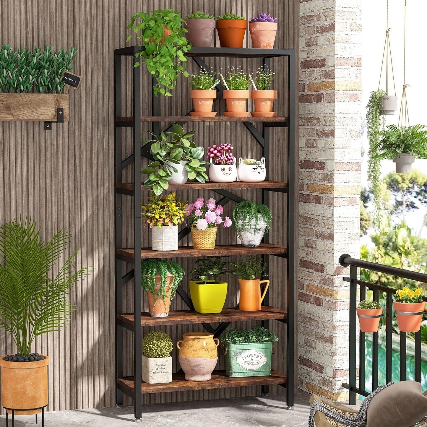 71 Industrial Bookshelf, 6 Tier Rustic Brown Wood Etagere Bookcase, Open Book Shelves