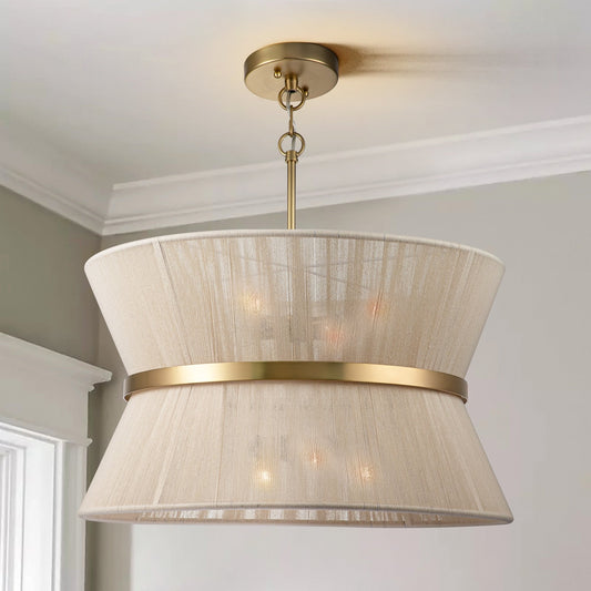 8-Light Modern Boho Large Drum Chandelier 24 inch Fabric Hourglass Hand-woven Chandelier in Gold/ Black for Dining/ Living Room