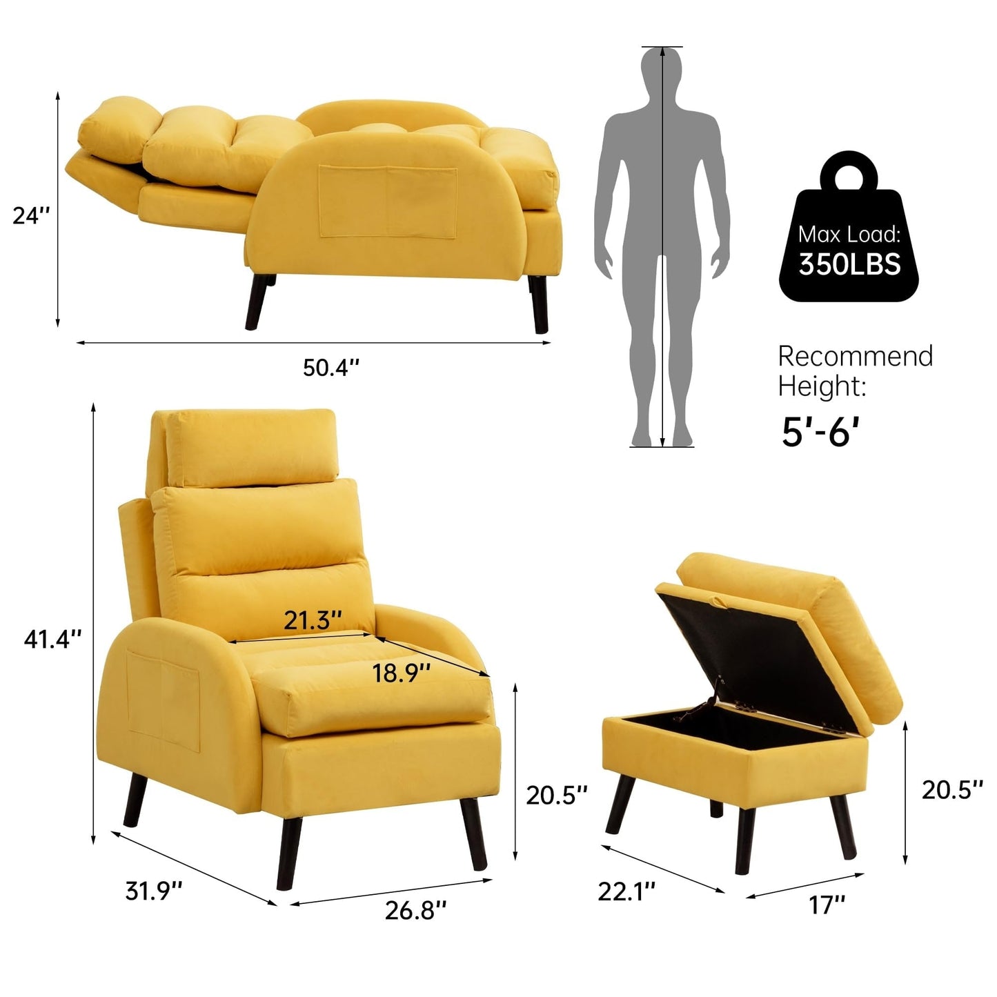 HOMYKA Accent Lounge Chair with Adjustable Backrest Storage Ottoman