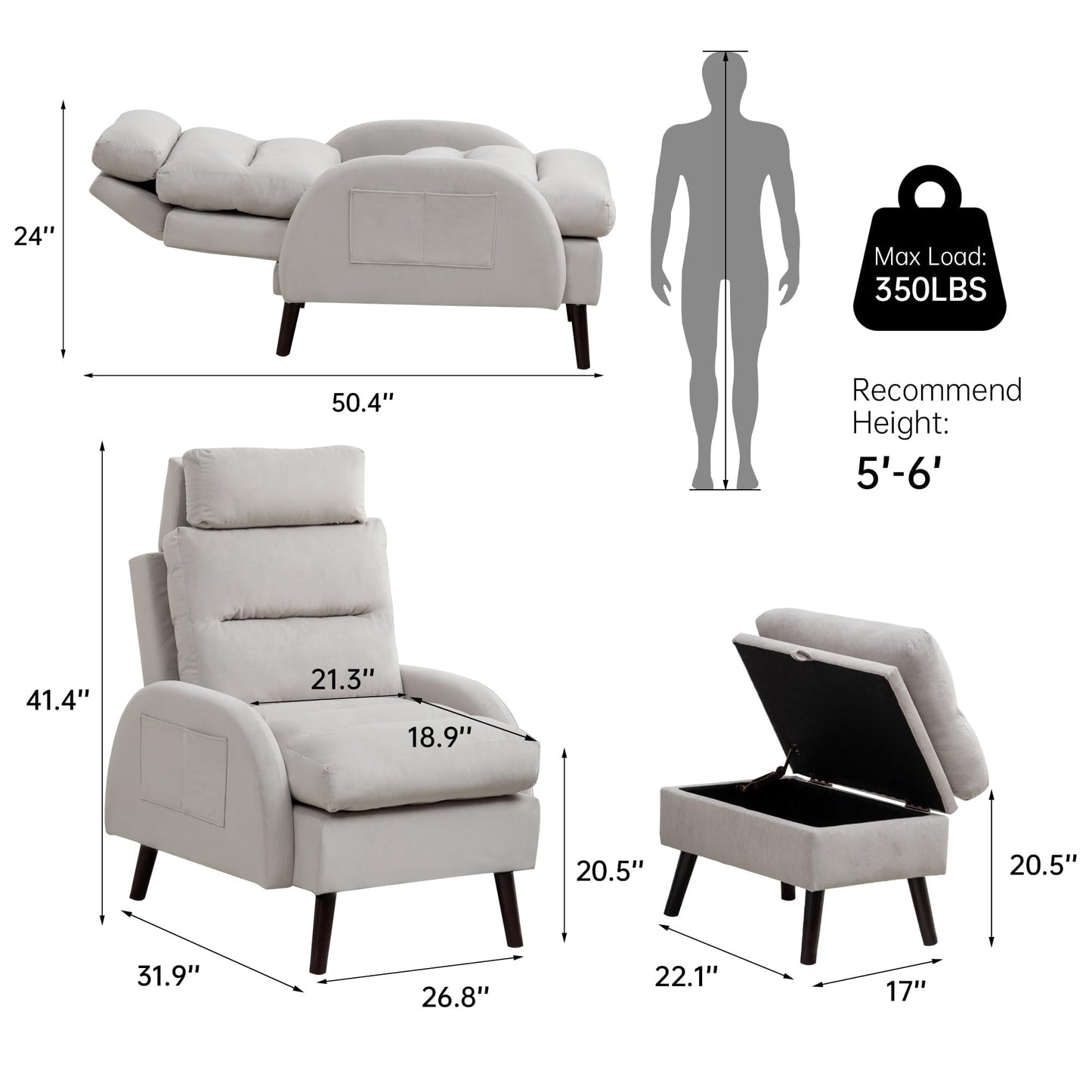 HOMYKA Accent Lounge Chair with Adjustable Backrest Storage Ottoman