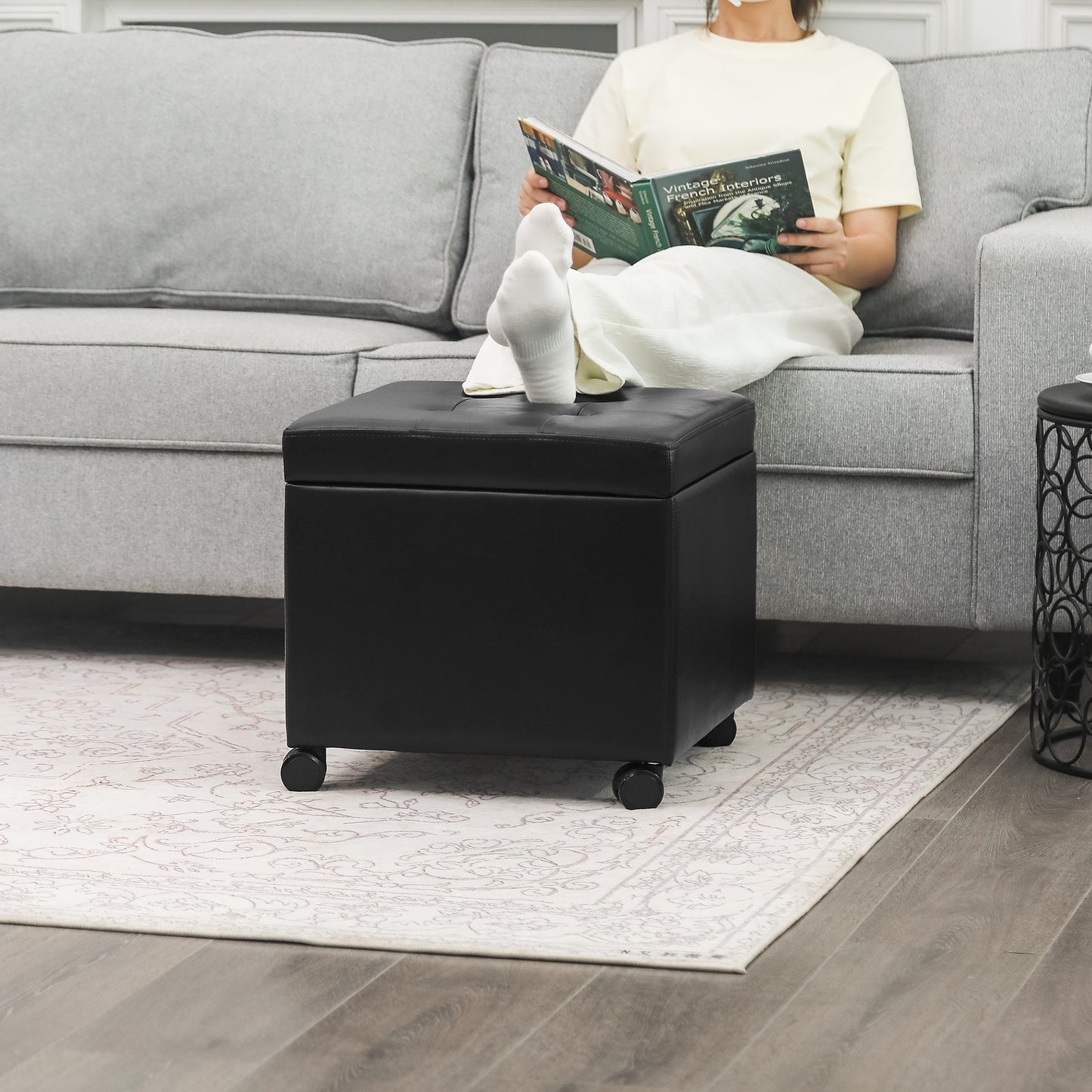 Adeco Bonded Leather Square Tufted Cubic Cube Storage Ottomans