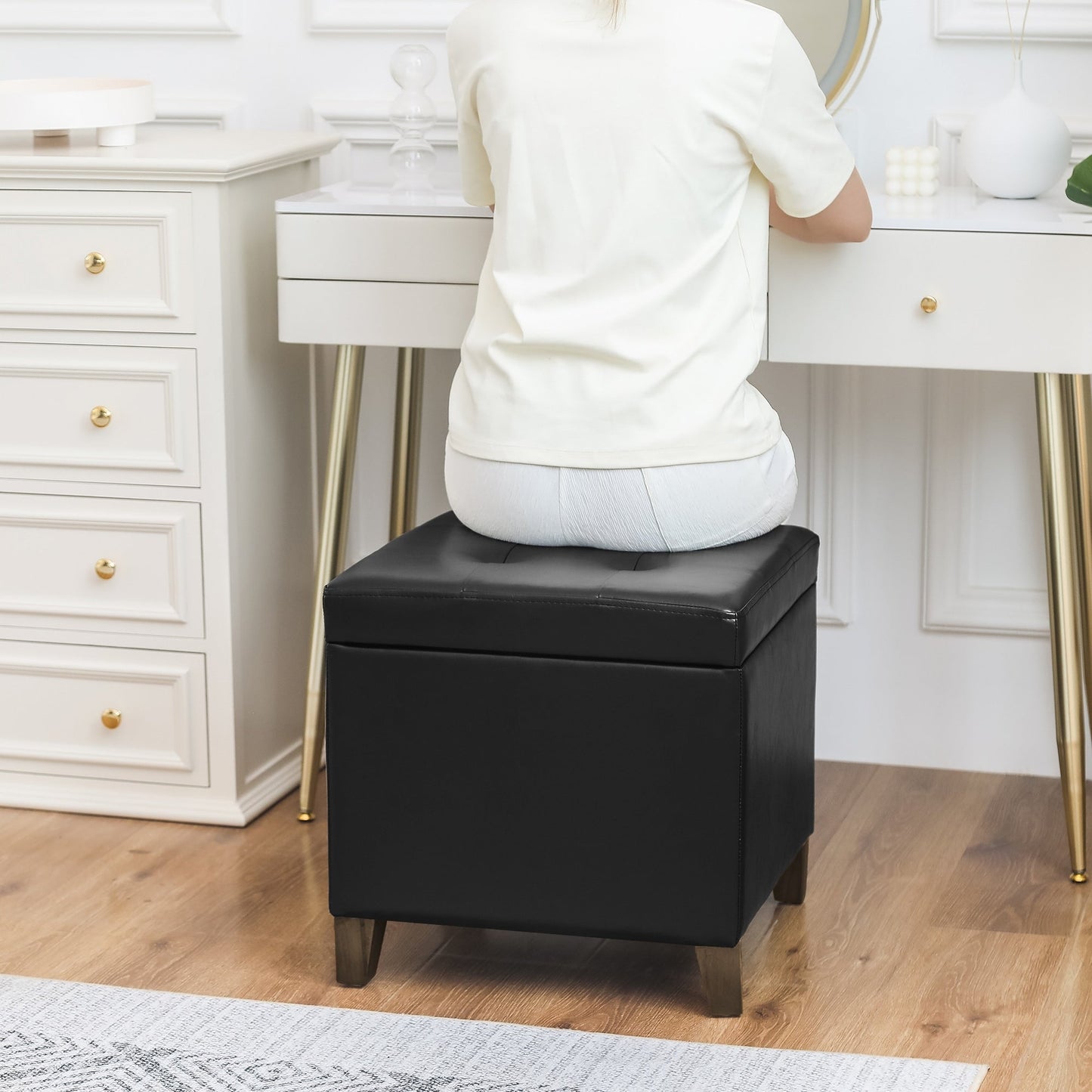 Adeco Bonded Leather Square Tufted Cubic Cube Storage Ottomans
