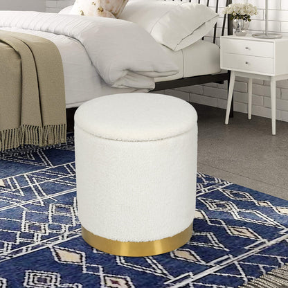 Adeco Velvet Round Storage Stool Gold Plating Base Storage Ottoman