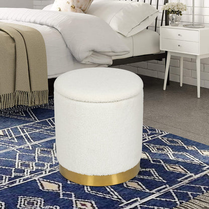 Adeco Velvet Round Storage Stool Gold Plating Base Storage Ottoman