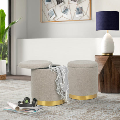 Adeco Velvet Round Storage Stool Gold Plating Base Storage Ottoman