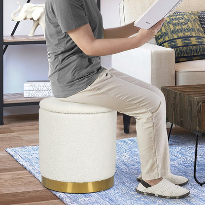 Adeco Velvet Round Storage Stool Gold Plating Base Storage Ottoman