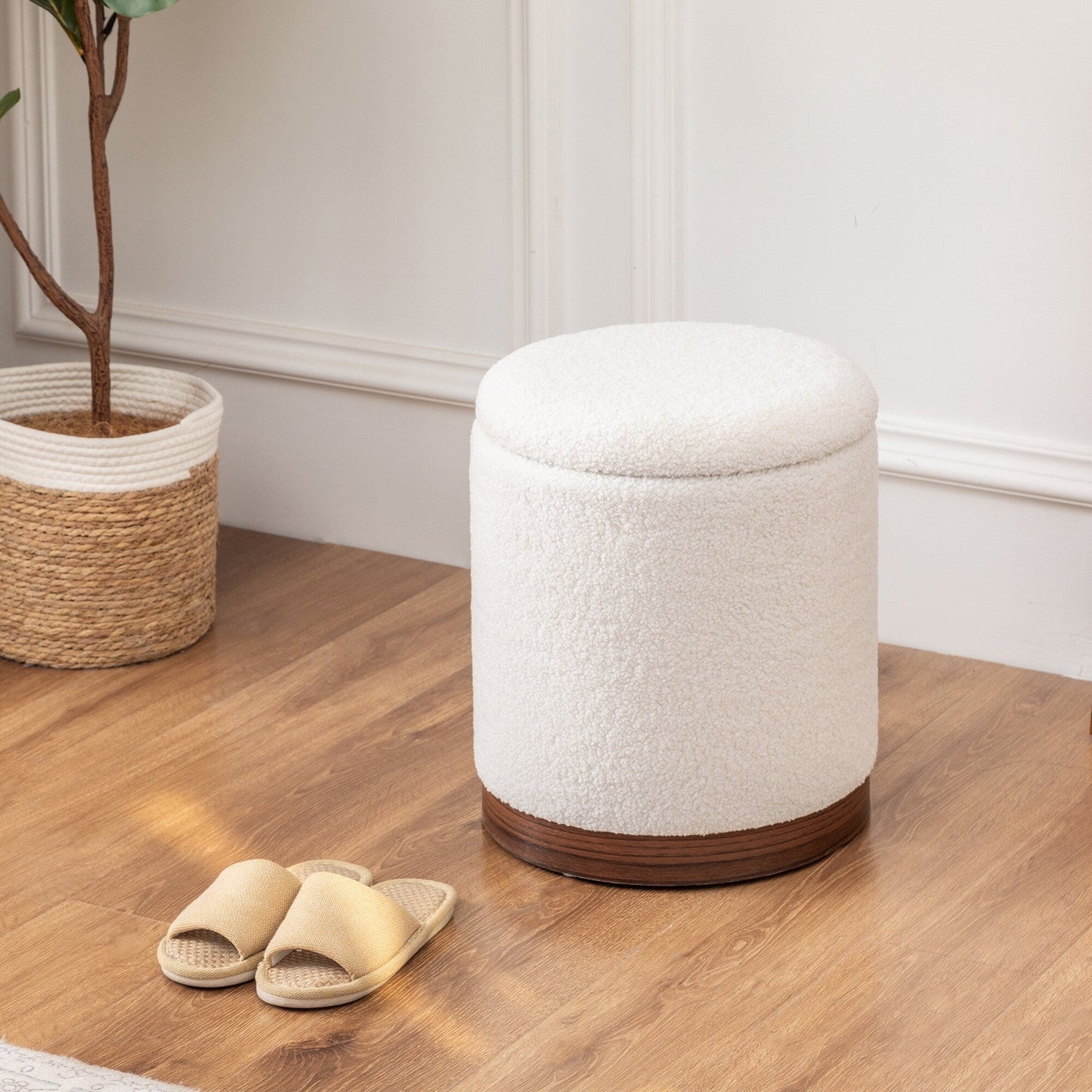 Adeco Velvet Round Storage Stool Gold Plating Base Storage Ottoman