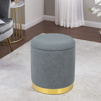 Adeco Velvet Round Storage Stool Gold Plating Base Storage Ottoman