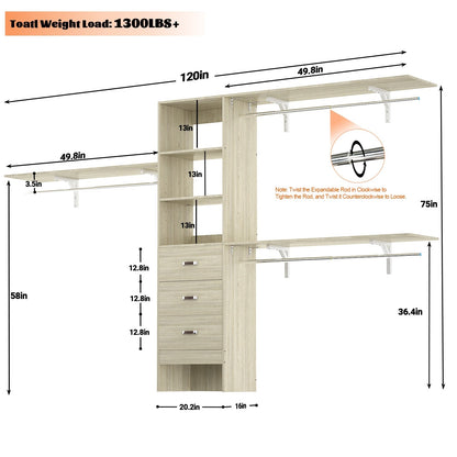 Rackcog 120'' Adjustable Closet Organizer with Drawers, Closet System with DIY Shelves for Reach-in and Walk-in Closet