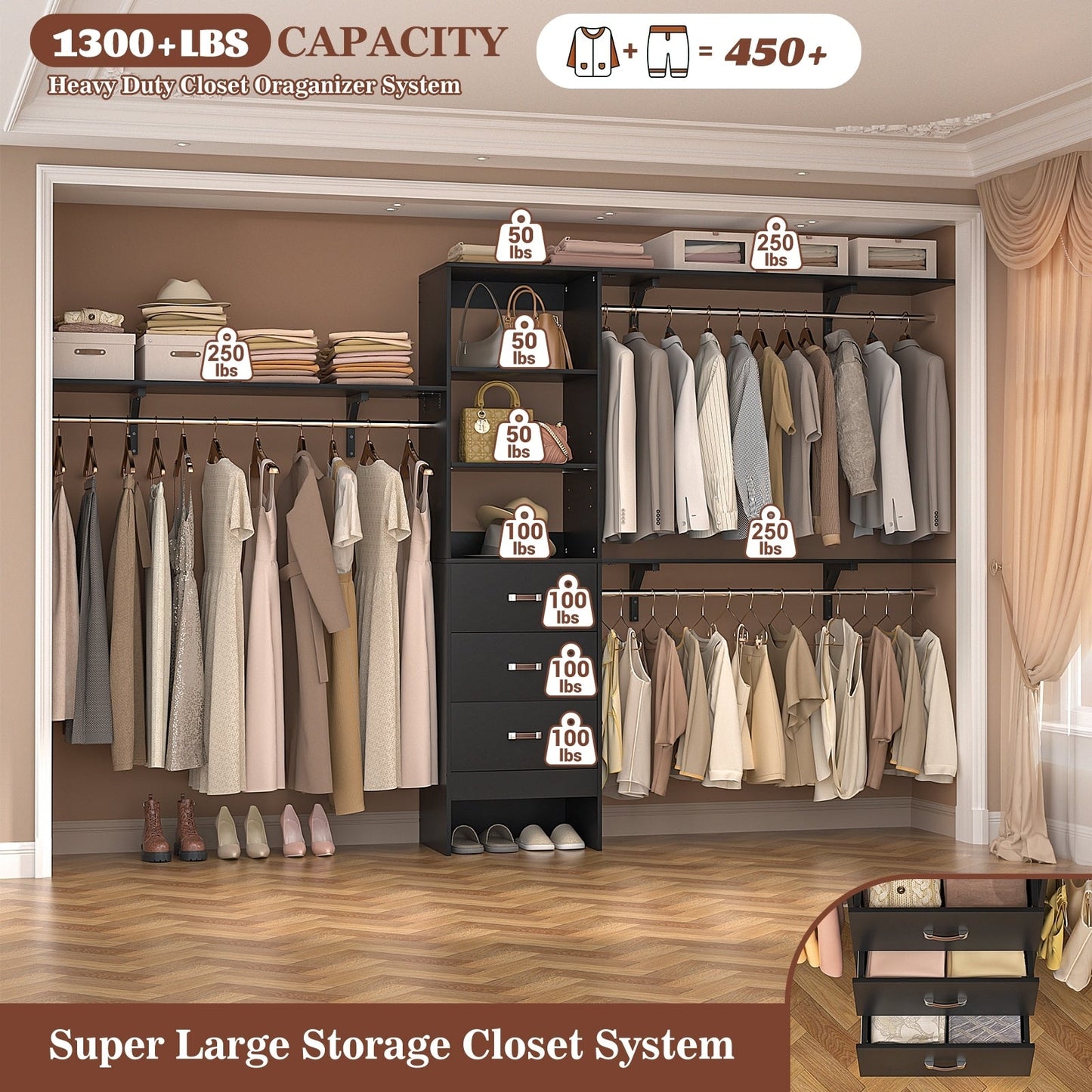 Rackcog 120'' Adjustable Closet Organizer with Drawers, Closet System with DIY Shelves for Reach-in and Walk-in Closet